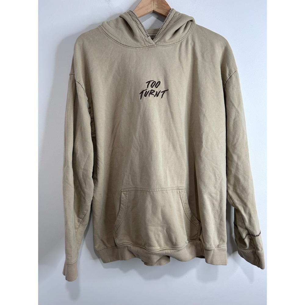 Too Turnt Tony Mens XL Hoodie Tan Embroidered Logo Contrast Stitch Cotton Fleece